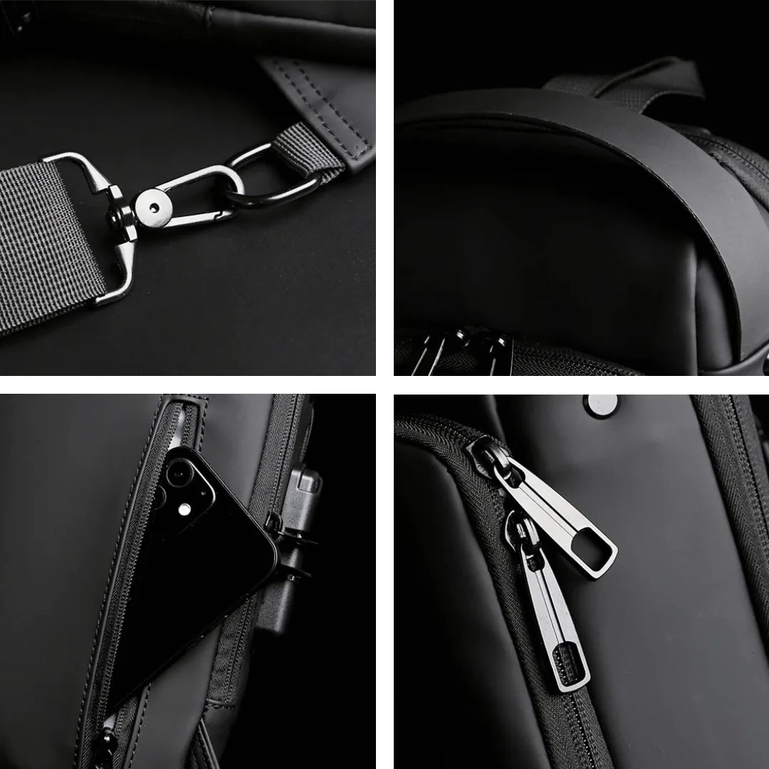 Details van de DS Lock crossbody tas: karabijnhaak, gevoerd schouderstuk, powerbank en ritstrekkers