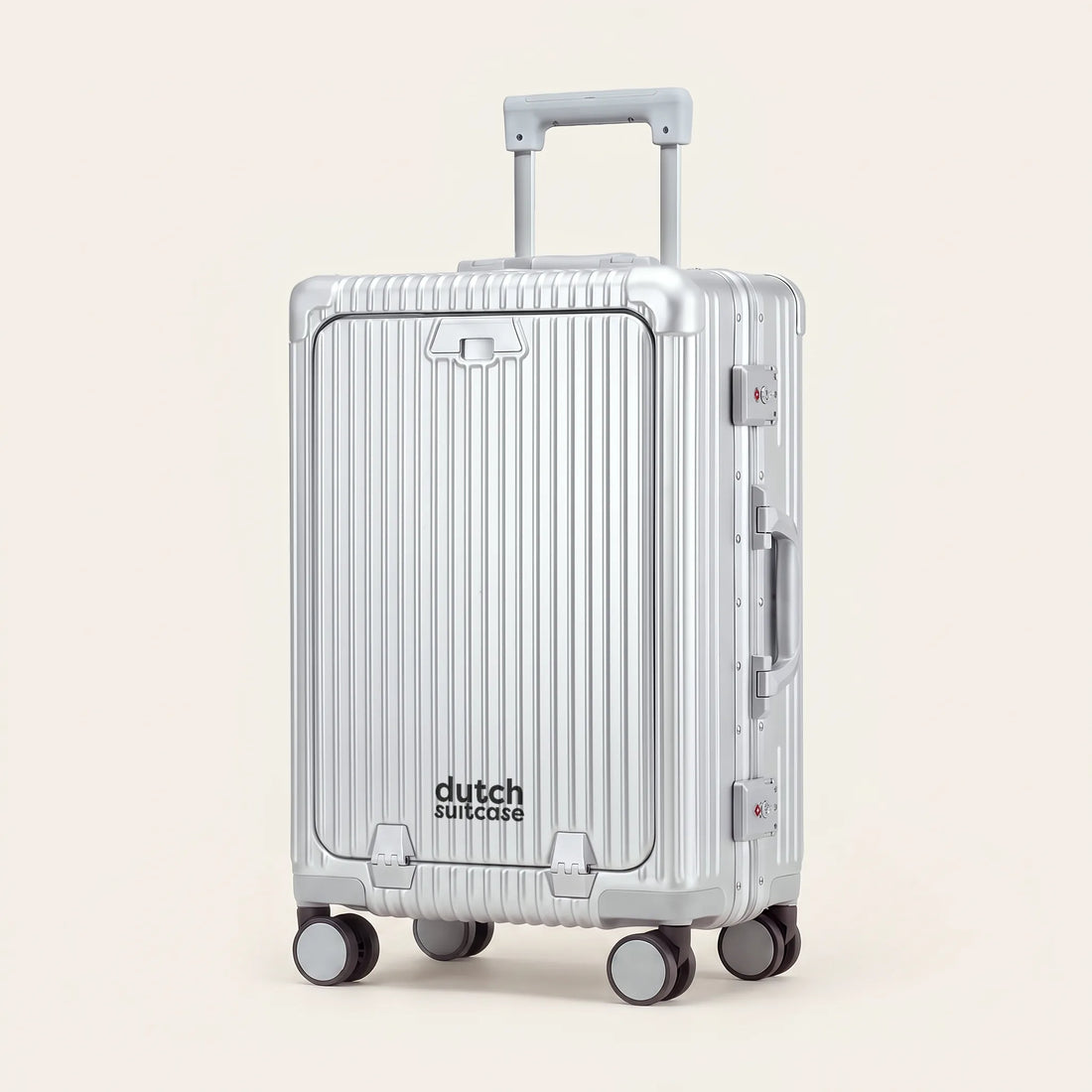 Zilveren DS Front handbagage koffer van Dutchsuitcase met voorvak en trolleystang, driekwart vooraanzicht