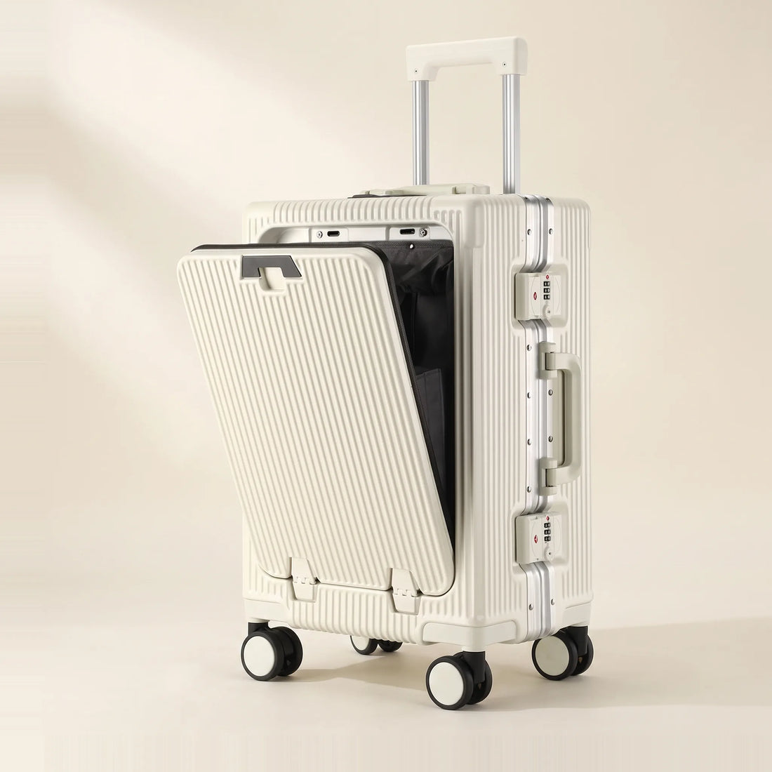 Witte DS Front handbagage koffer met open voorvak en uitgetrokken trolleystang, kleurvariant wit