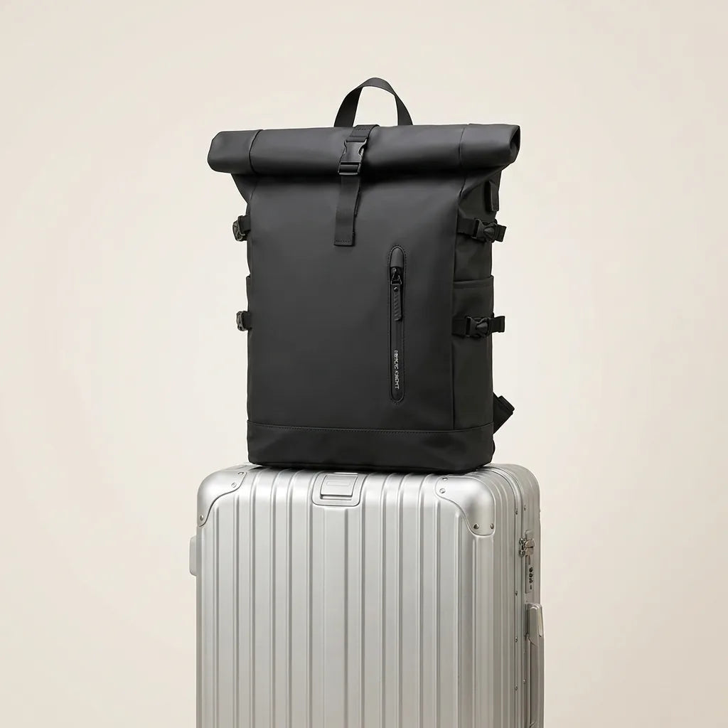 Zwarte DS Elevate rugzak staat op een aluminium handbagage koffer, ideale reiscombinatie