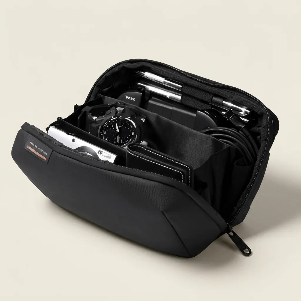 Geopende DS Tech organizer met camera, kabels, horloge en pennen in de vakverdeling