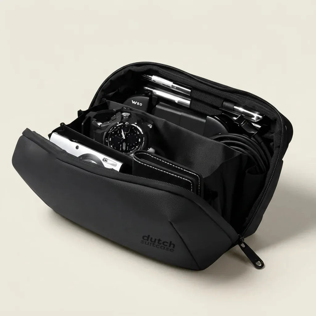 Geopende DS Tech organizer met camera, kabels, horloge en pennen in de vakverdeling