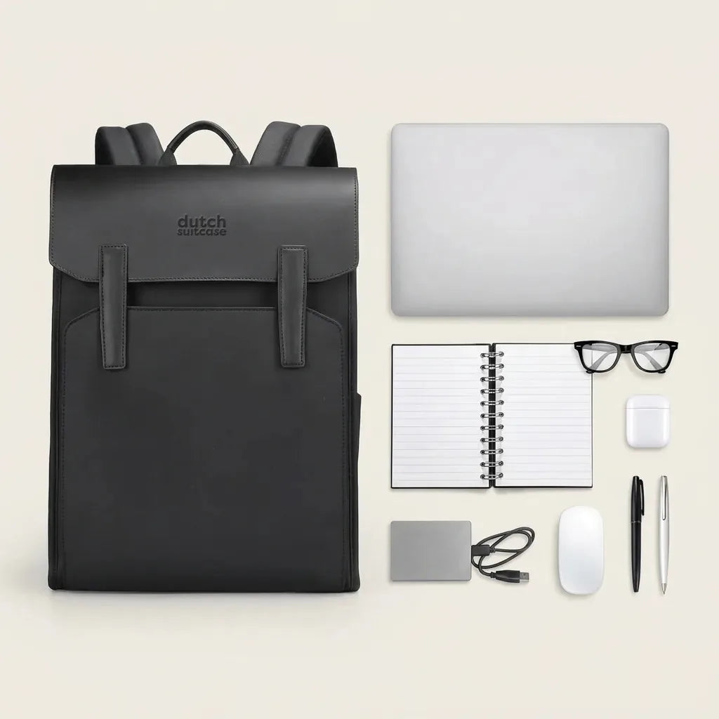 Inhoud van de DS Classic 21 liter rugzak: laptop, notitieboek, muis, harde schijf en accessoires