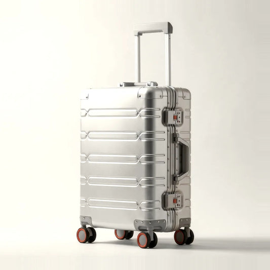 Zilveren aluminium koffer DS ONE van Dutchsuitcase met TSA-sloten en trolleystang, vooraanzicht