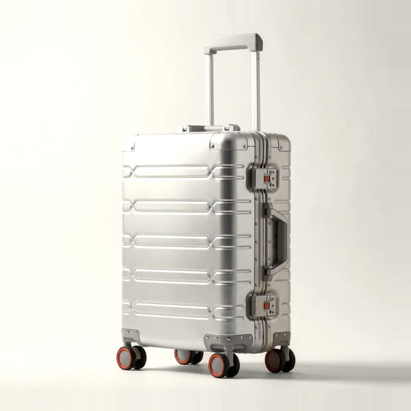 Zilveren aluminium koffer DS ONE van Dutchsuitcase met TSA-sloten en trolleystang, vooraanzicht