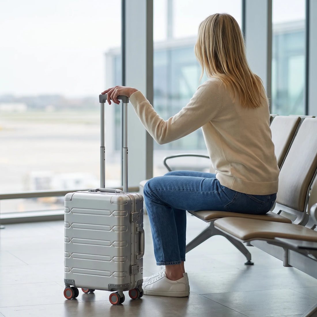 Vrouw wacht bij de gate met de zilveren DS ONE aluminium handbagage koffer op de luchthaven