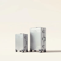 DS Monarch aluminium koffer in parelmoer zilver: handbagage 20 inch en groot 29 inch naast elkaar, maatvergelijking