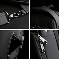 Details van de DS Lock crossbody tas: karabijnhaak, gevoerd schouderstuk, powerbank en ritstrekkers