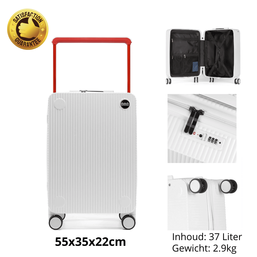 Elegante witte DutchSuitcase handbagage koffer van 55cm met lichtgewicht design en beveiligd met TSA-slot, perfect voor cabineopslag.