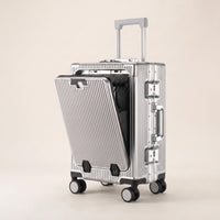 Zilveren handbagage koffer DS Front van Dutchsuitcase met open voorvak en trolleystang, vooraanzicht