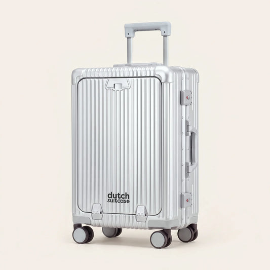 Zilveren DS Front handbagage koffer van Dutchsuitcase met voorvak en trolleystang, driekwart vooraanzicht