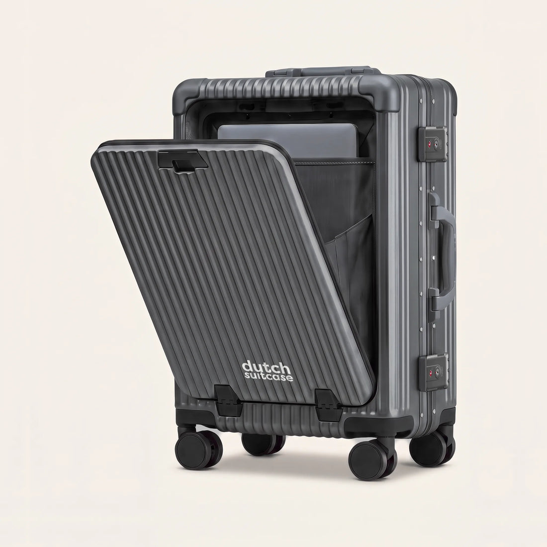 Donkergrijze DS Front handbagage koffer met open voorvak: laptop pakken zonder de koffer open te leggen