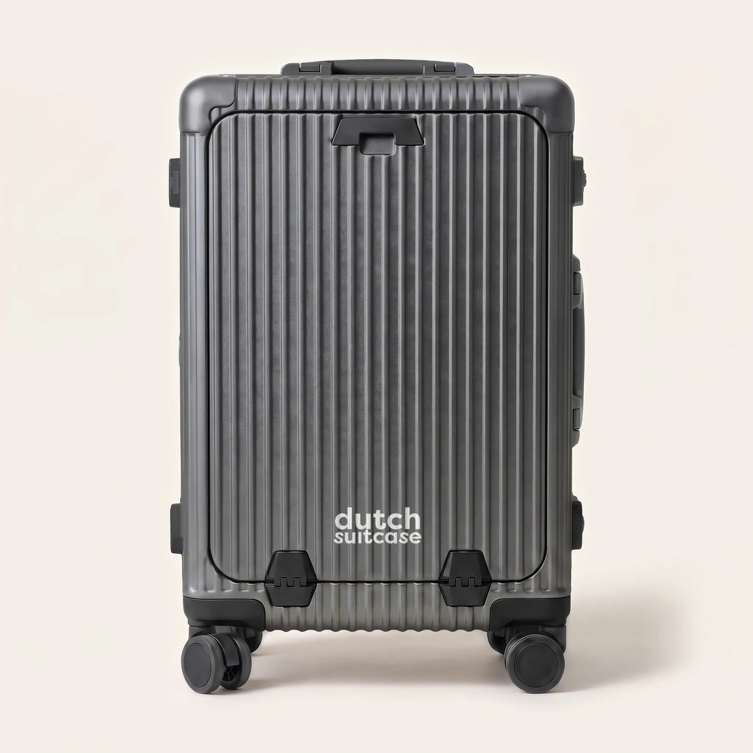 Vooraanzicht van de donkergrijze DS Front handbagage koffer met geribbeld voorvak en Dutchsuitcase-logo