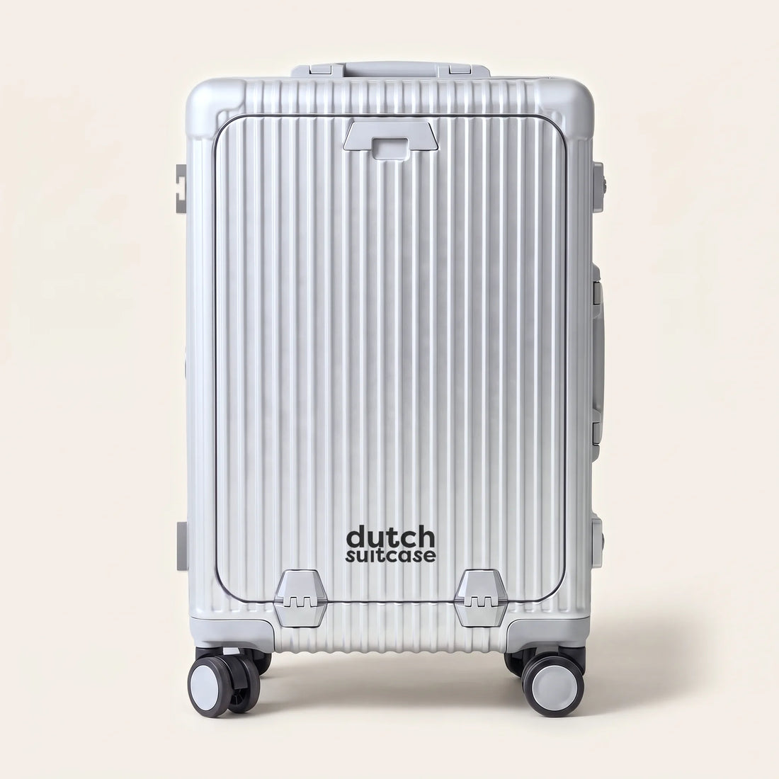 Vooraanzicht van de zilveren DS Front handbagage koffer met geribbeld voorvak en Dutchsuitcase-logo
