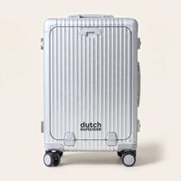 Vooraanzicht van de zilveren DS Front handbagage koffer met geribbeld voorvak en Dutchsuitcase-logo