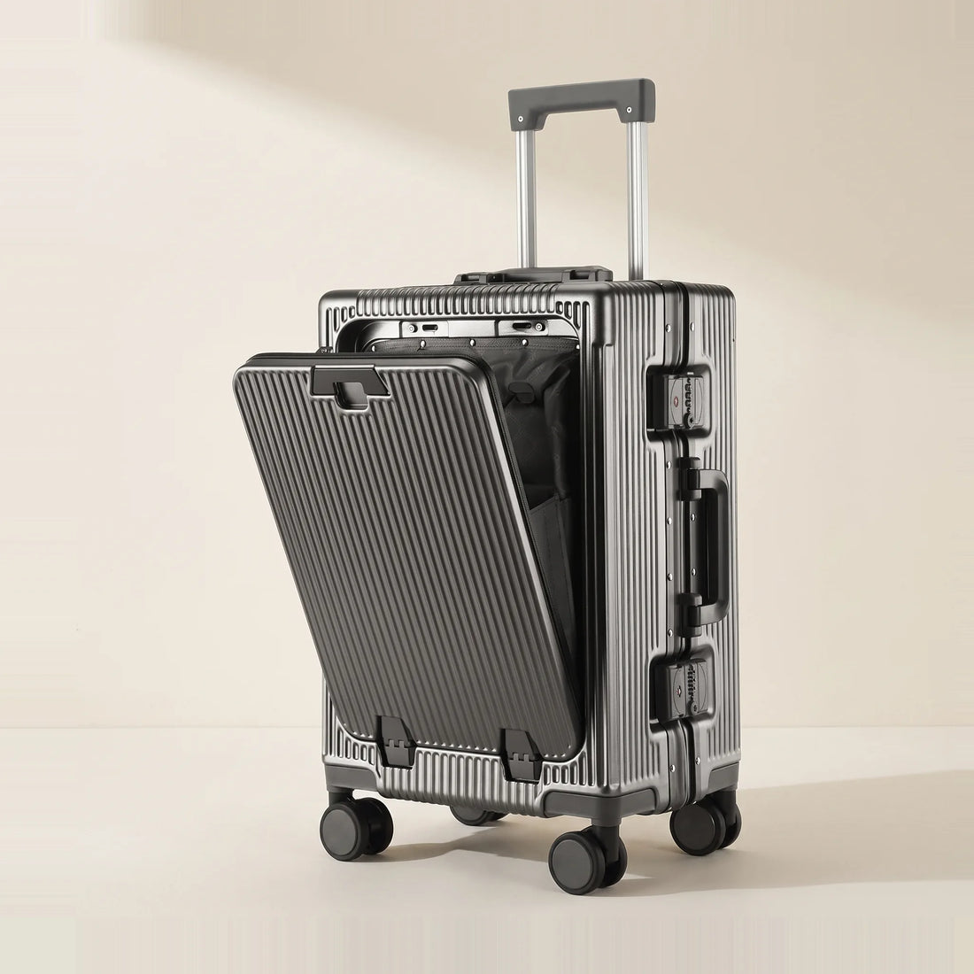 Donkergrijze DS Front handbagage koffer met open voorvak en trolleystang, kleurvariant donkergrijs