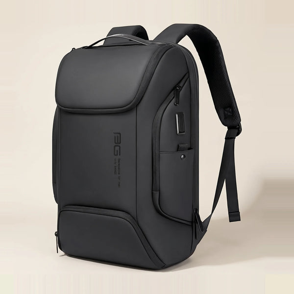 Zwarte laptop rugzak heren DS Pro van Dutchsuitcase met USB-poort en bodemvak, vooraanzicht