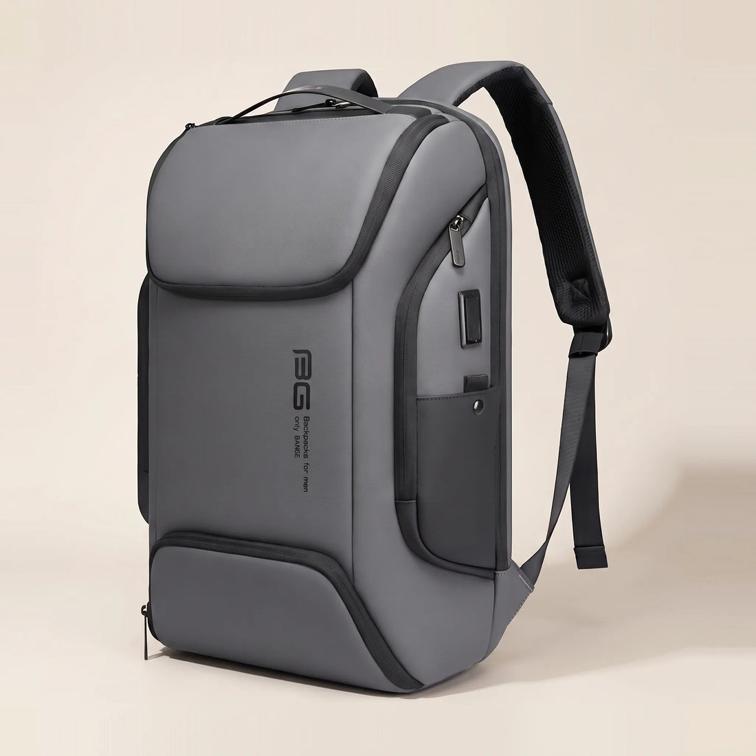 Lichtgrijze DS Pro laptop rugzak met zwarte ritsranden en USB-poort, kleurvariant grijs