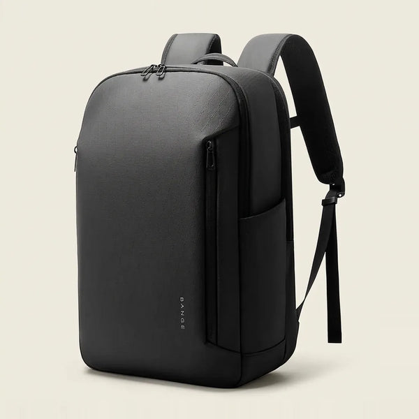 Zwarte waterafstotende laptop rugzak DS Shield van Dutchsuitcase met ruitpatroon, vooraanzicht