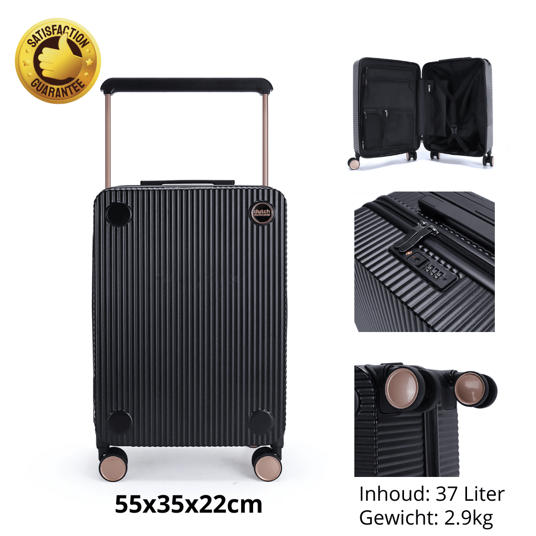Zwarte dutchsuitcase handbagage koffer van 55cm met duurzame hardshell en TSA-slot, ideaal voor cabinegebruik