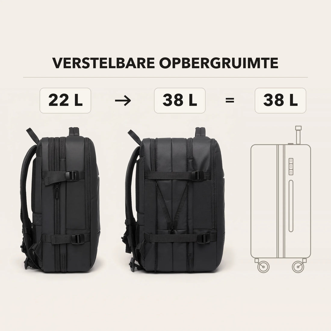 DS Explorer travel backpack expands from 22 to 38 litres, as much space as a carry-on suitcase