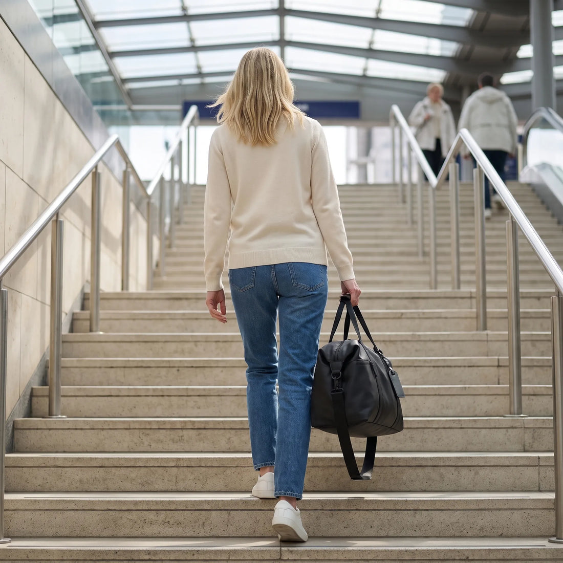 Vrouw loopt met de zwarte DS Dark reistas een stationstrap op, weekendtas voor onderweg