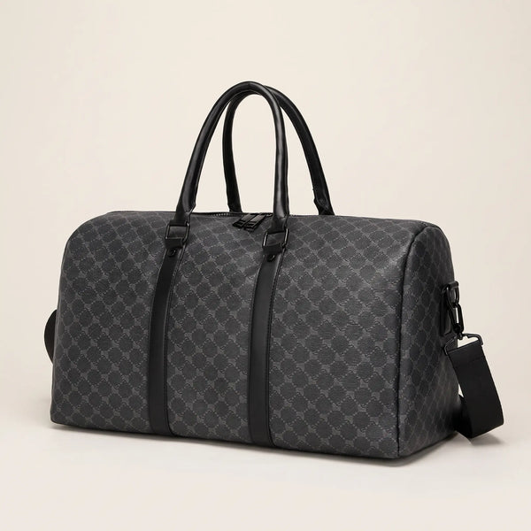Antraciet weekendtas DS Grid van Dutchsuitcase met monogram patroon en schouderband, vooraanzicht